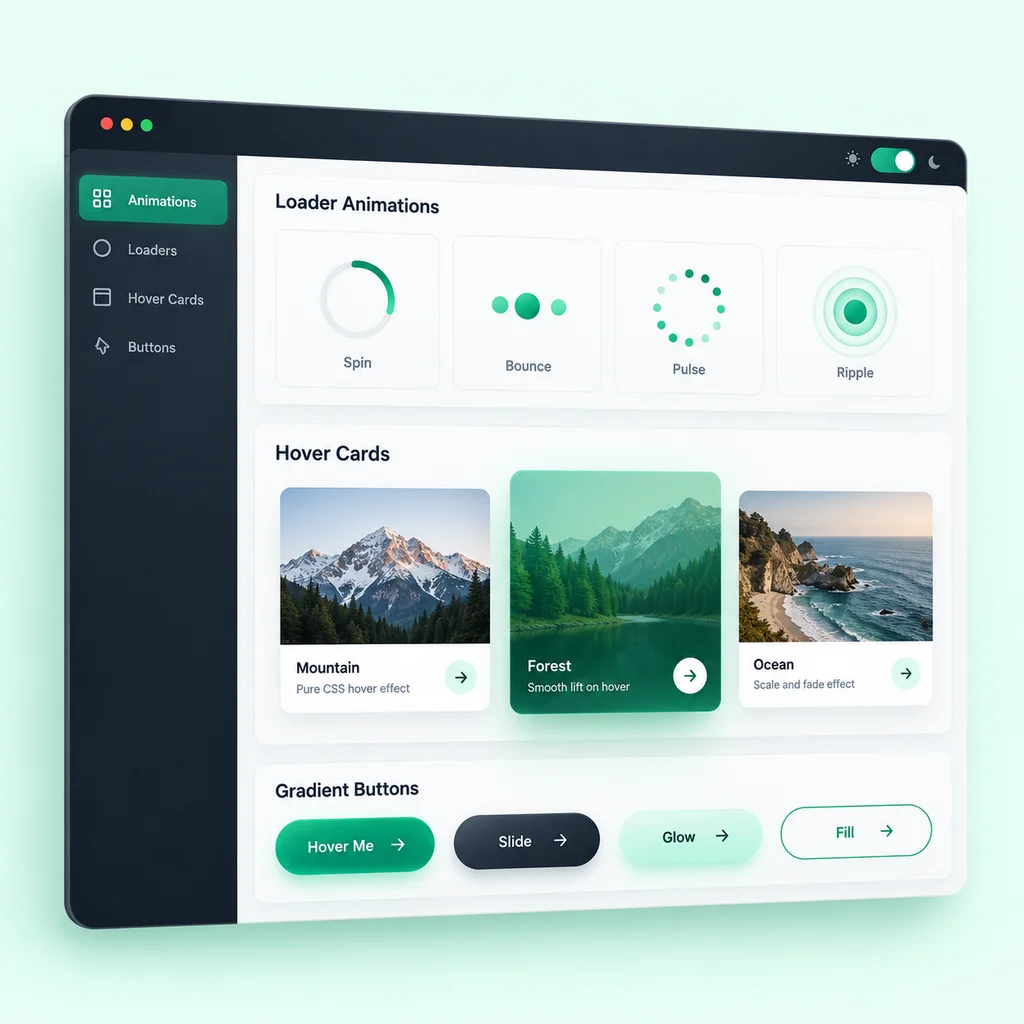 CSS animation showcase project with loaders, spinners and hover cards