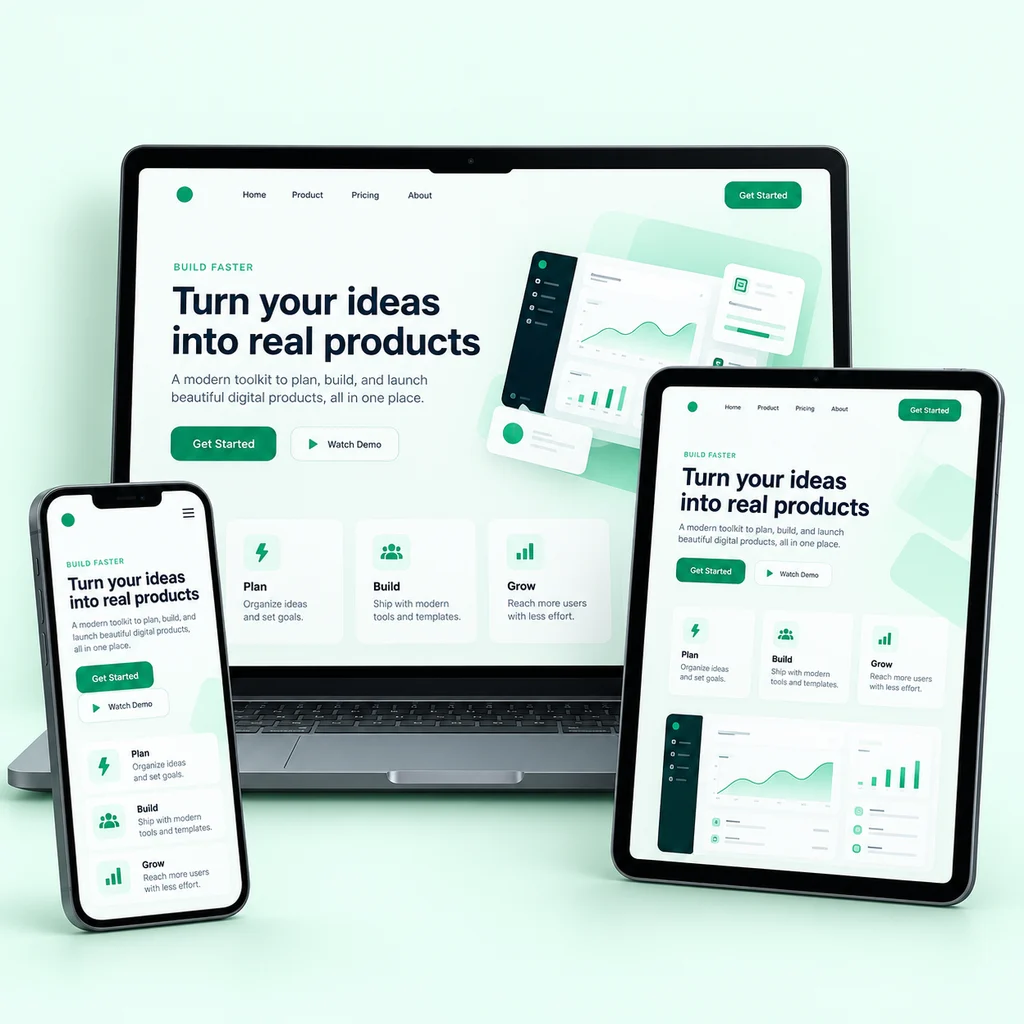 Responsive startup landing page shown on laptop, tablet and phone