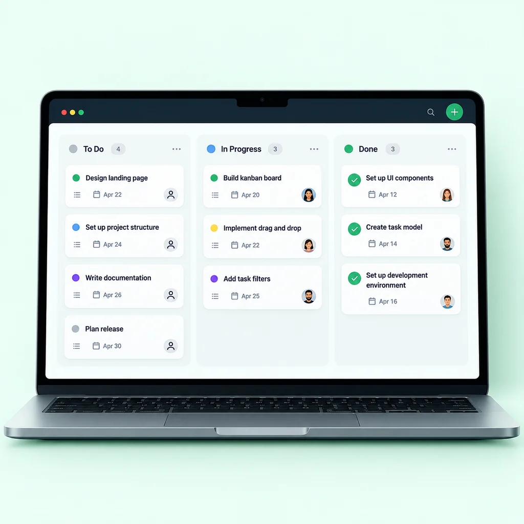Kanban task planner web application mockup
