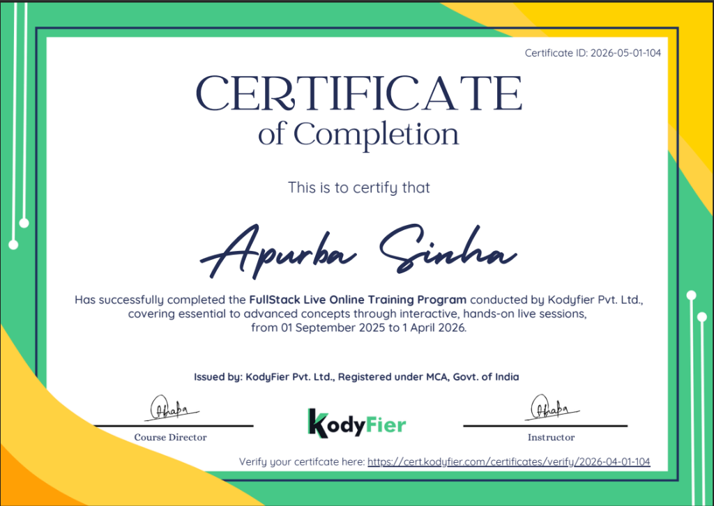Kodyfier MySQL Course Certificate of Completion