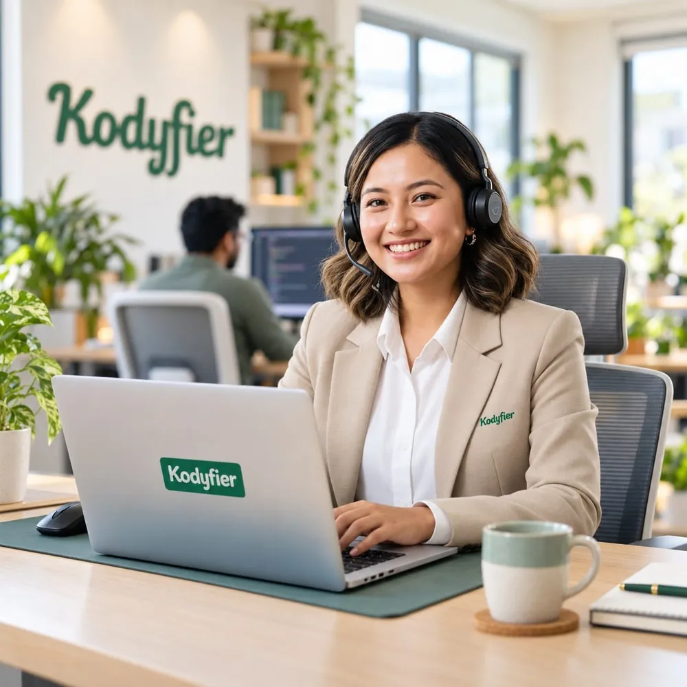 Friendly Kodyfier support specialist in a beige branded blazer and headset at her laptop