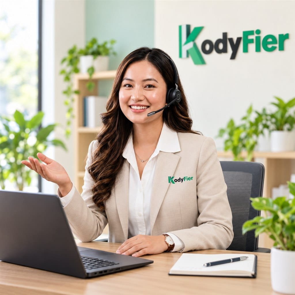Friendly Kodyfier support specialist wearing a branded beige blazer and headset in our bright office