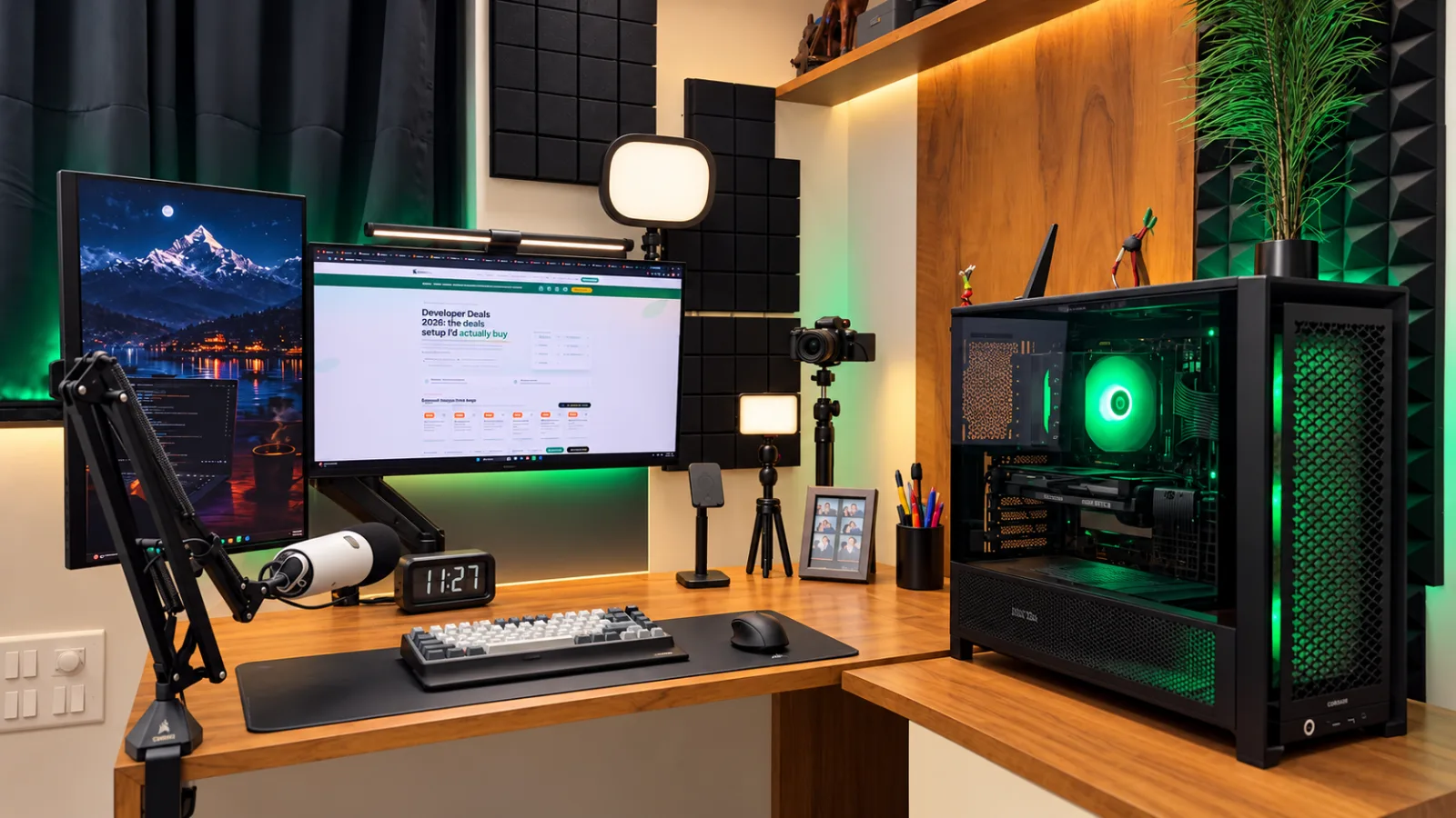 Vinod's real desk: a 27-inch monitor on an arm with a light bar, a 75% mechanical keyboard, a mouse, a boom-arm microphone, a camera on a tripod, a small digital clock and a green-lit PC tower
