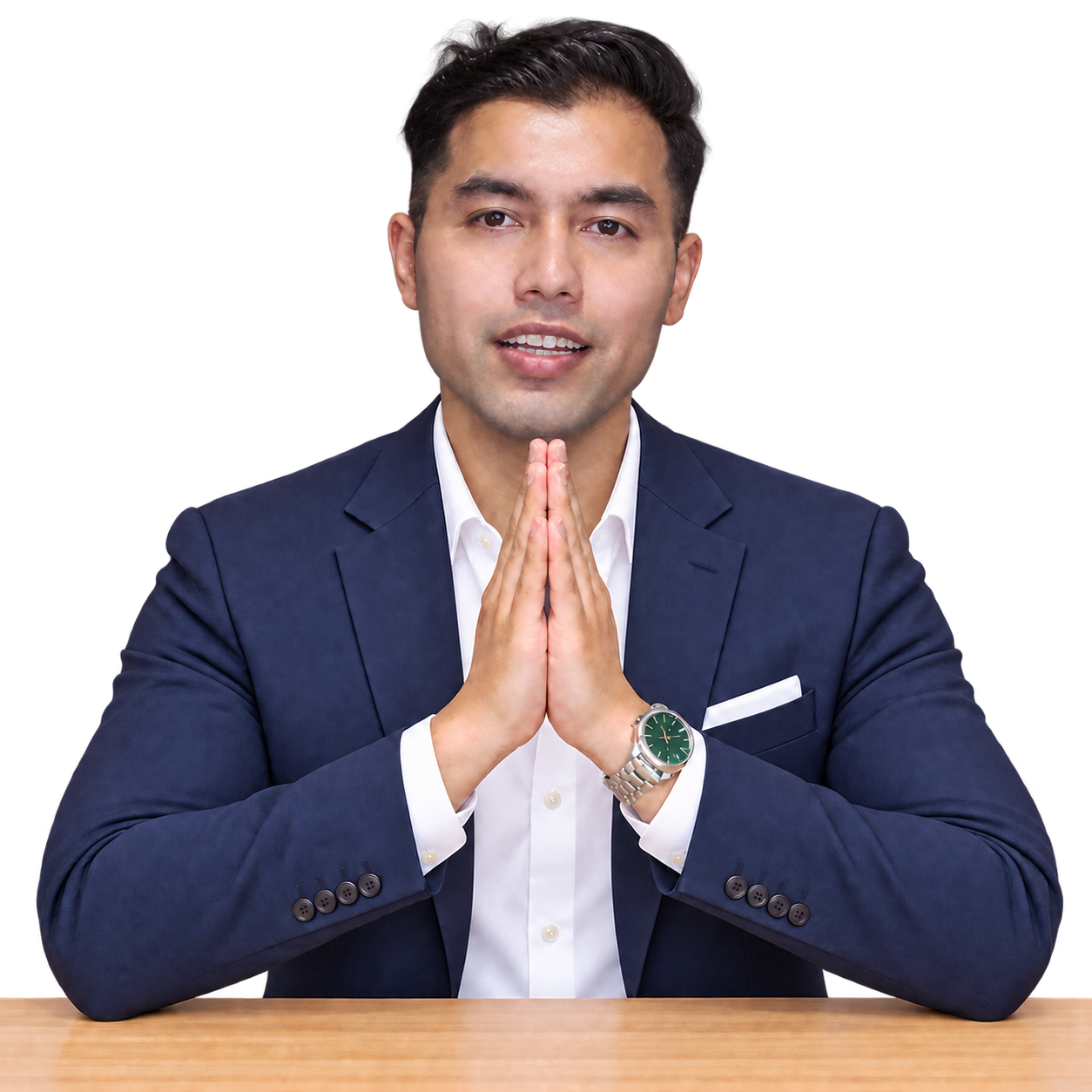 Vinod Thapa welcoming students with namaste, wearing a navy blazer, white formal shirt and premium watch