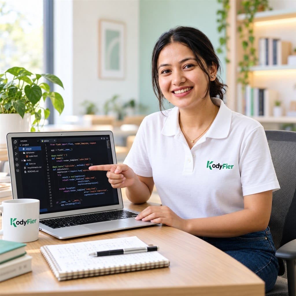 Kodyfier instructor in a white branded shirt guiding a coding project on a laptop