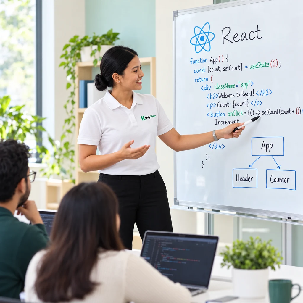 Kodyfier instructor facing right and explaining React at a whiteboard to students practising on laptops