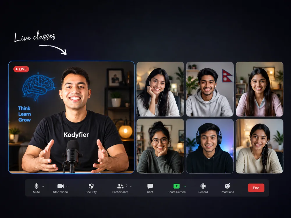 Live online Full Stack + AI class with the Kodyfier instructor and students on a video call
