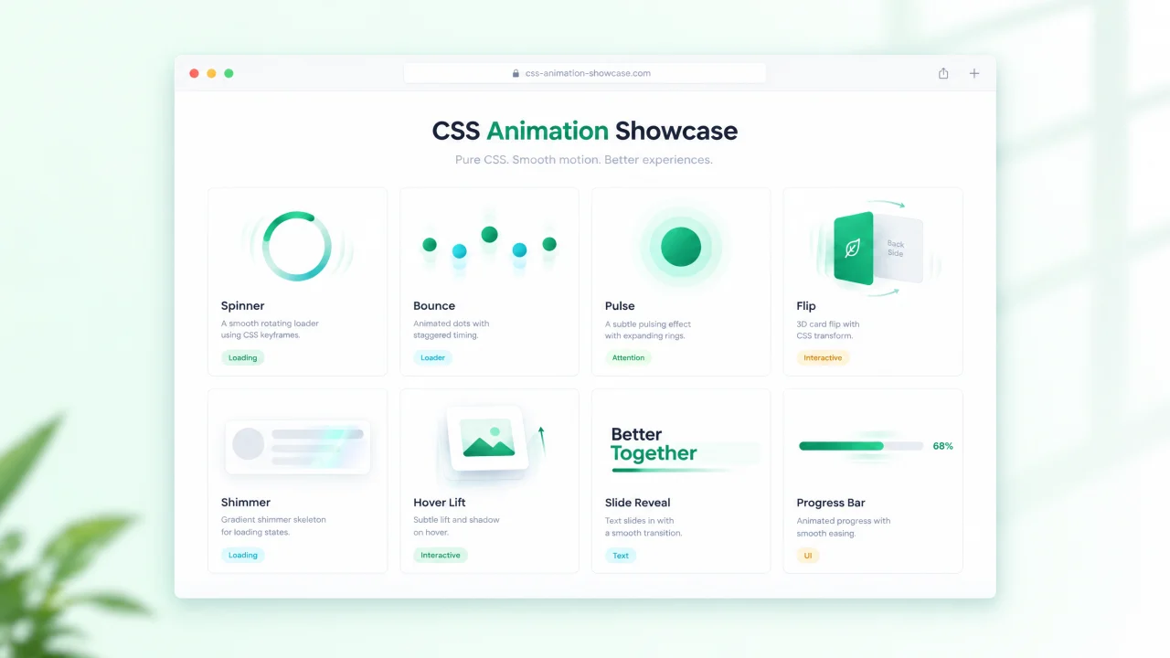 CSS animation showcase project with loaders, spinners and hover cards