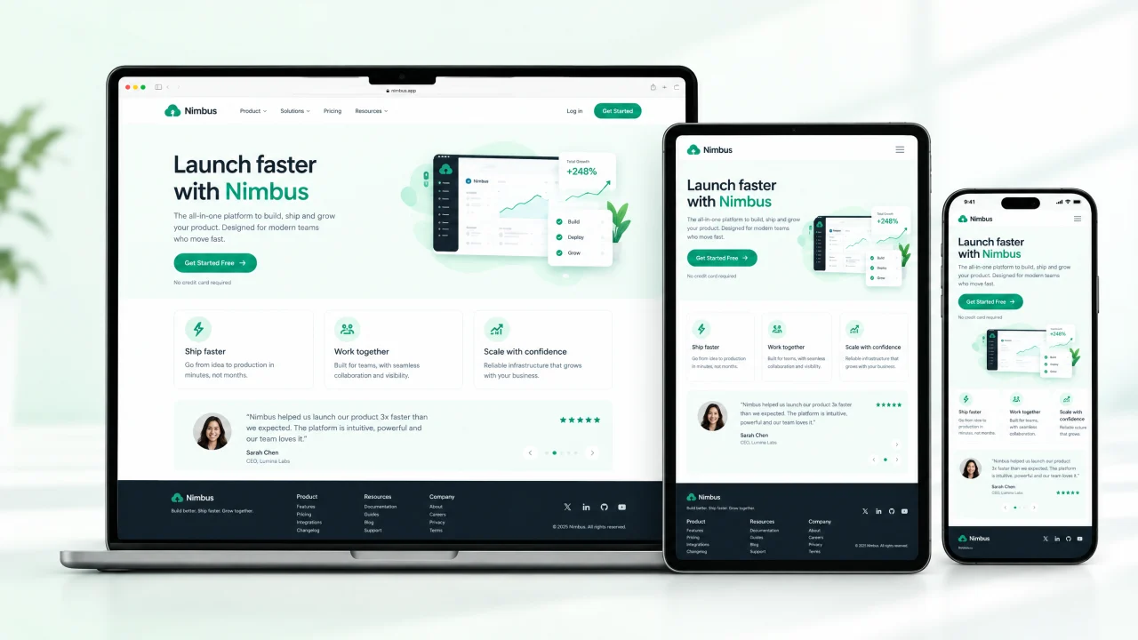 Responsive startup landing page shown on laptop, tablet and phone